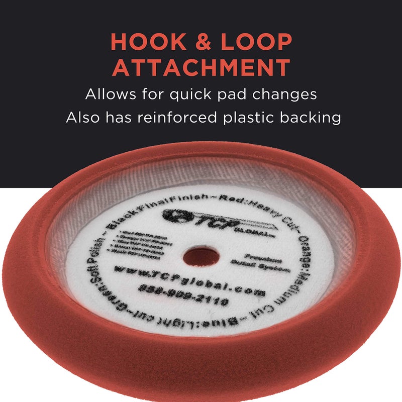 TCP Global 8" Red Foam Buffing Pad Extra Coarse Cutting Polish Hook and Loop Backing - Buffing Pad for Automotive, Marine, Truck, RV & Compound Cutting - Image 4